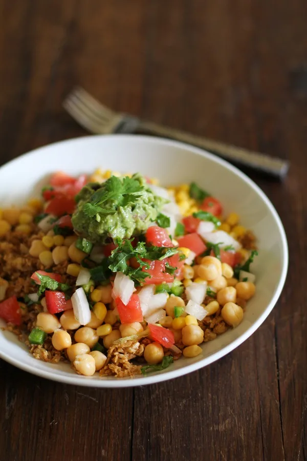 Cauliflower Rice Burrito Bowls with pico de gallo and guacamole - - - srcset=