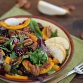 Fall Roasted Vegetable Salad with butternut squash, pecans, maple-orange-cinnamon dressing and more! - - - > www.theroastedroot.net