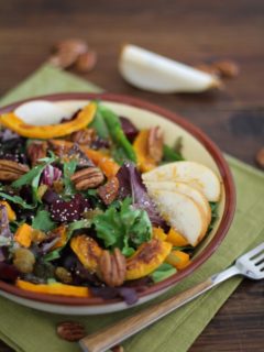 Fall Roasted Vegetable Salad with butternut squash, pecans, maple-orange-cinnamon dressing and more! - - - > www.theroastedroot.net