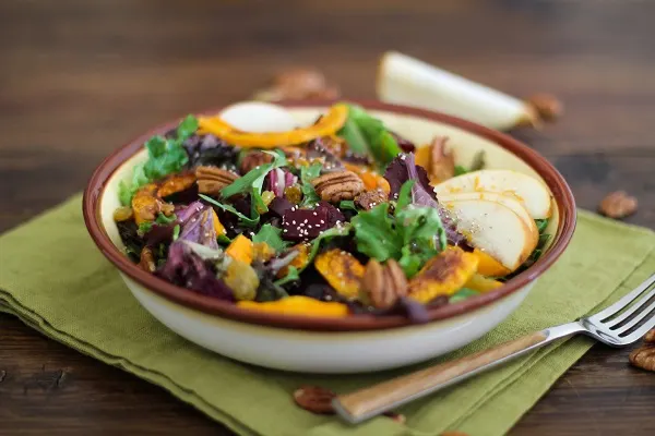 Roasted Fall Vegetables Salad with Maple Orange Cinnamon Dressing - - - > www.theroastedroot.net