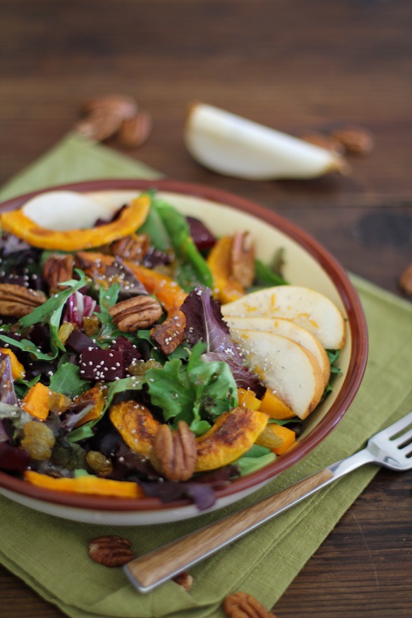 Fall Roasted Vegetable Salad with butternut squash, pecans, maple-orange-cinnamon dressing and more! - - - > www.theroastedroot.net