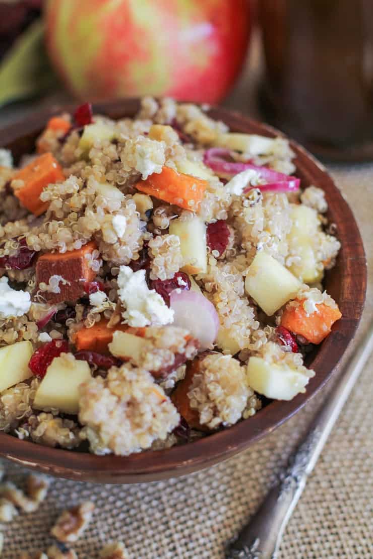 Roasted Sweet Potato Quinoa Salad with Orange Vinaigrette plus apples, walnuts, red onion, and goat cheese - a healthy side dish!