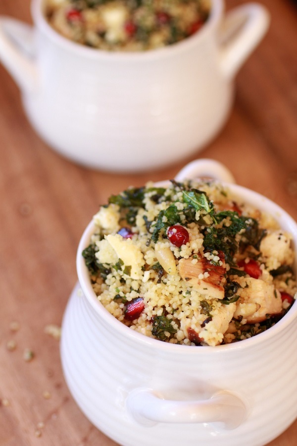 Crispy Kale Salad with Couscous, Grilled Chicken, and Pomegranate Seeds from Halfbaked Harvest
