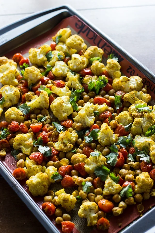 Roasted Cauliflower Tomatoes Chickpeas w Indian Spices from MJ and Hungry Man Roasted Cauliflower Tomatoes Chickpeas w Indian Spices from MJ and Hungry Man