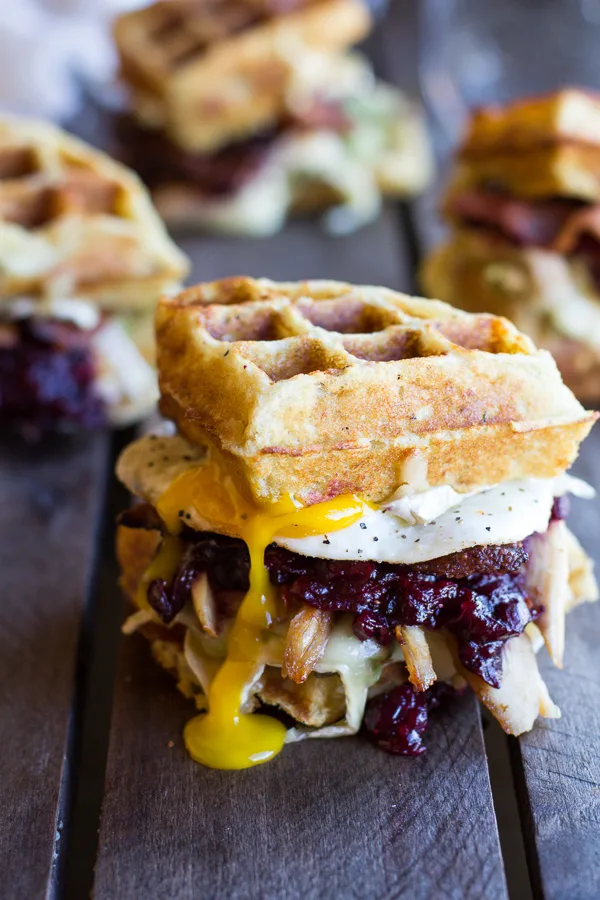 Turkey, Cranberry, Brie, Mashed Potato Waffle Melts from Halfbaked Harvest