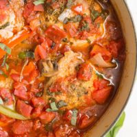 Dutch oven full of chicken cacciatore with tomato sauce, fresh herbs, and vegetables
