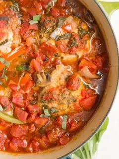 Dutch oven full of chicken cacciatore with tomato sauce, fresh herbs, and vegetables
