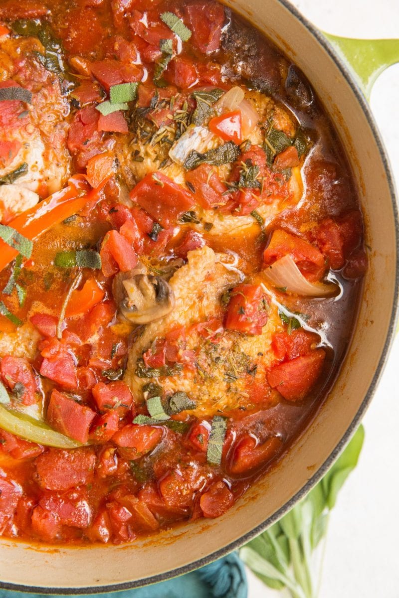 Dutch oven full of chicken cacciatore with tomato sauce, fresh herbs, and vegetables