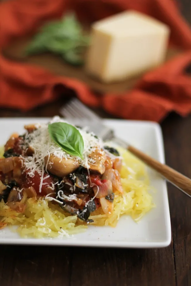 Spaghetti Squash Eggplant Caponata | Theroastedroot.net #vegetarian #healthy #recipe