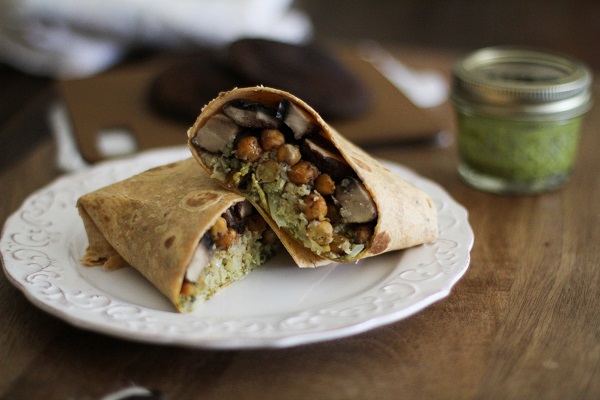 Roasted Portobello and Chickpea Burritos with Chimichurrri Sauce and Cauliflower Rice