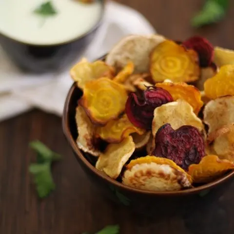 Baked Root Chips with Buttermilk-Parsley Dipping Sauce