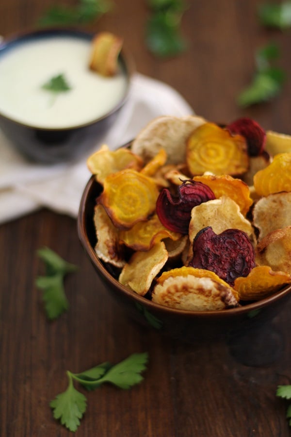 Baked Root Chips with Buttermilk-Parsley Dipping Sauce