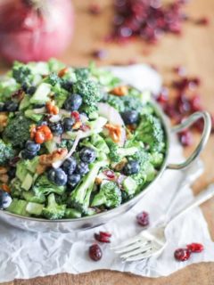 Healthier Broccoli Salad with Yogurt Dressing, blueberries, cranberries, bacon, and honey-toasted walnuts