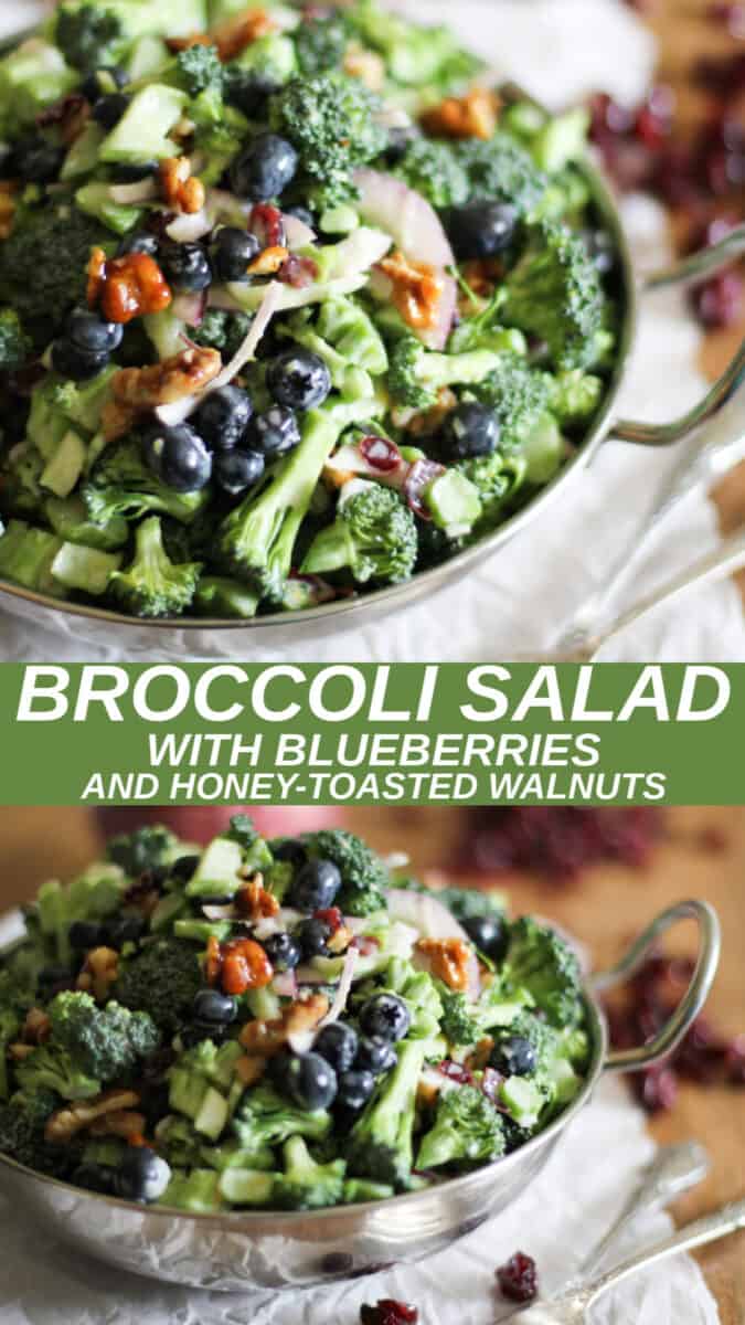 collage of two images of broccoli salad with blueberries and candied walnuts