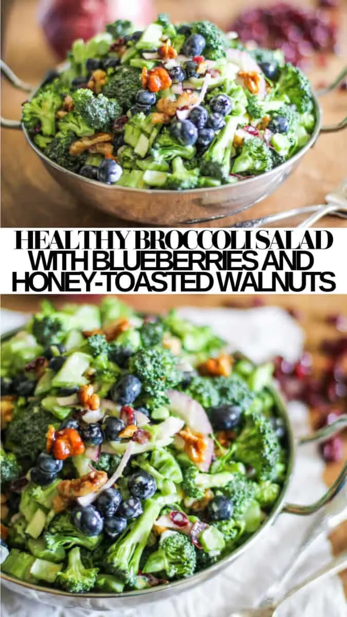 Healthy Broccoli Salad Recipe with blueberries and honey-toasted walnuts - a unique spin on classic broccoli salad with a lighter Greek yogurt dressing