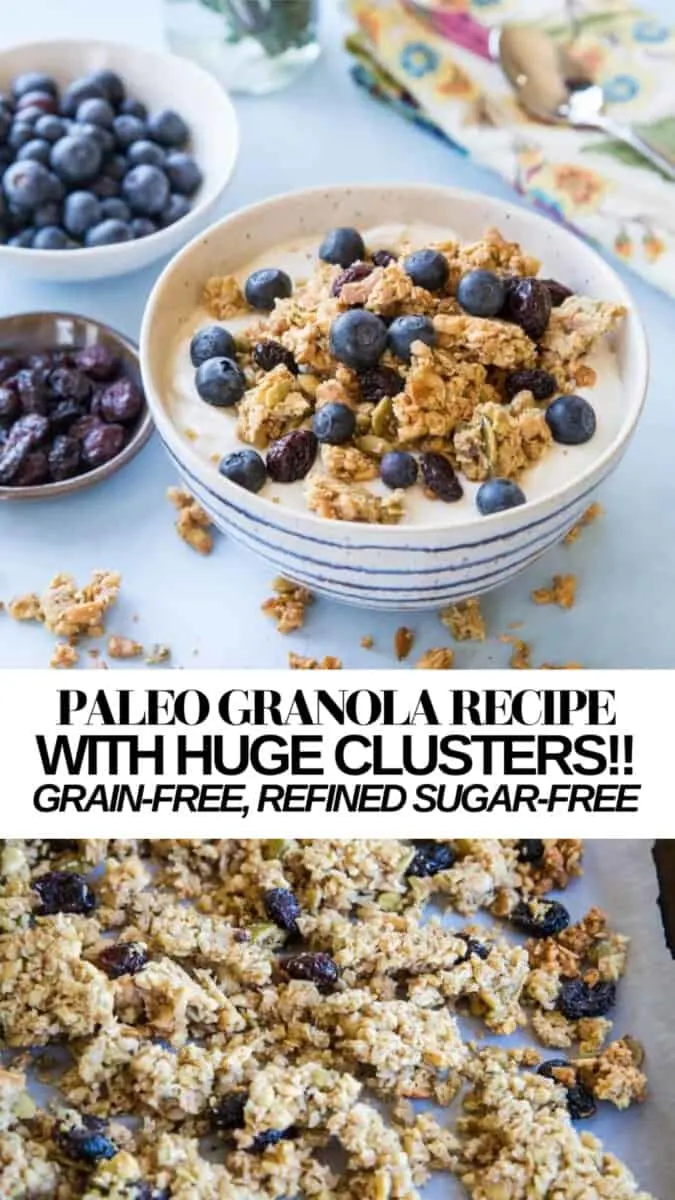 Grain-Free Paleo Granola with SUPER large granola clusters. Refined sugar-free, gluten-free, dairy-free