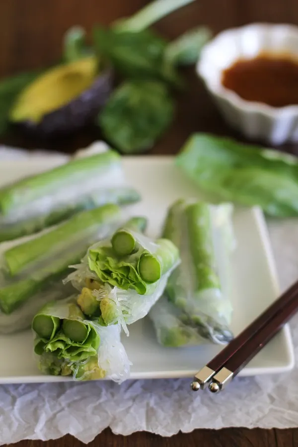 Asparagus and Avocado Spring Rolls with Citrus Dipping Sauce #vegetarian #appetizer #recipe #glutenfree