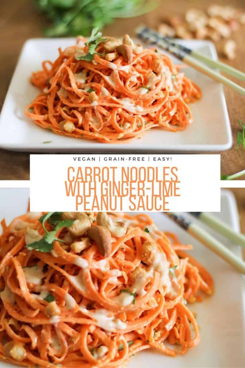 Carrot Noodles with Ginger-Lime Peanut Sauce - an easy vegan main dish or side dish - includes a paleo/whole30 option. Grain-free, dairy-free, vegetarian, plant-based and healthy