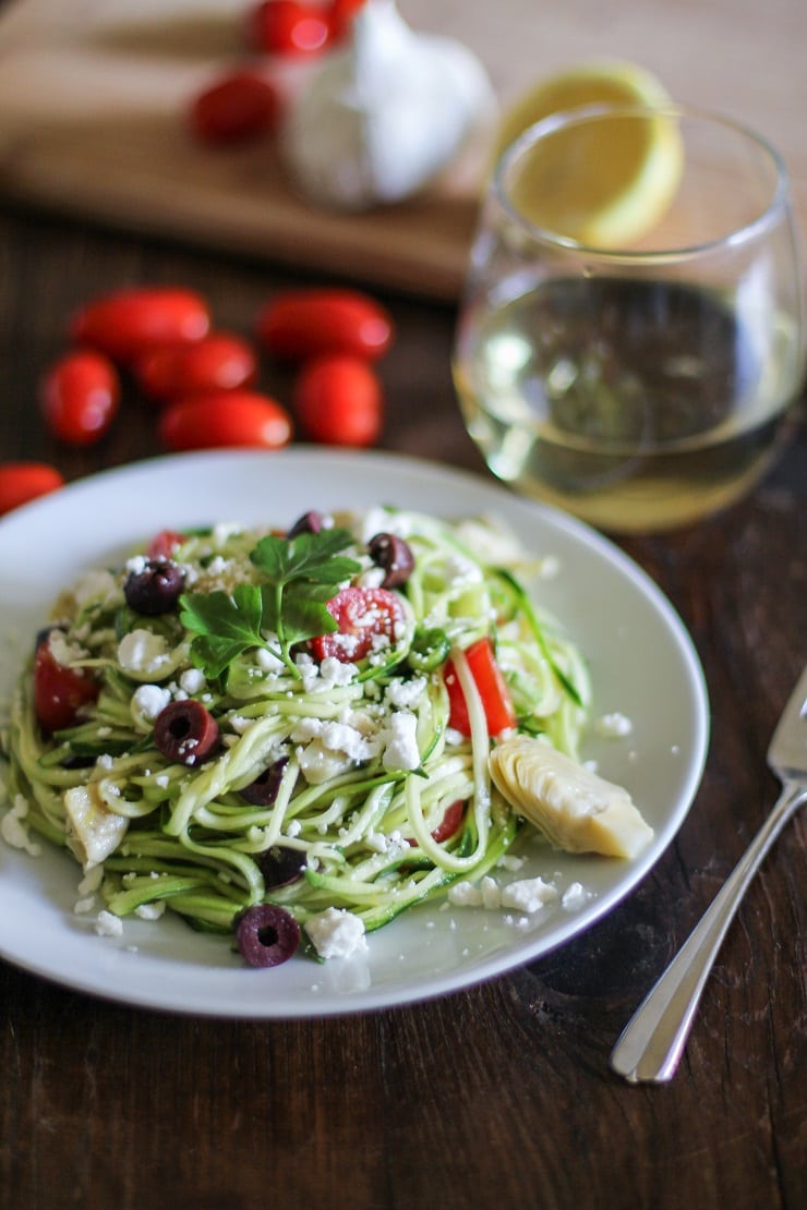 Mediterranean Zoodles - a quick and easy dinner that can be whipped up in 30 minutes | TheRoastedRoot.net #healthy #glutenfree #recipe