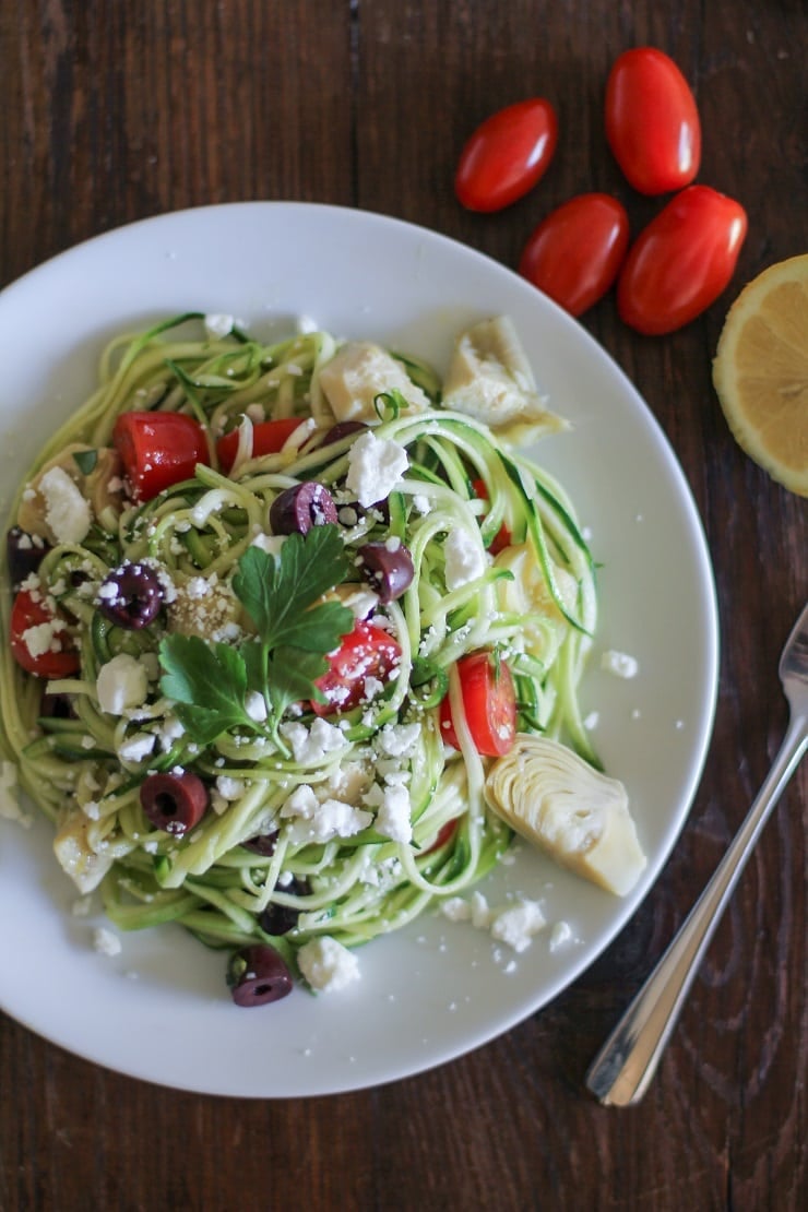 Mediterranean Zoodles - a quick and easy dinner that can be whipped up in 30 minutes | TheRoastedRoot.net #healthy #glutenfree #recipe