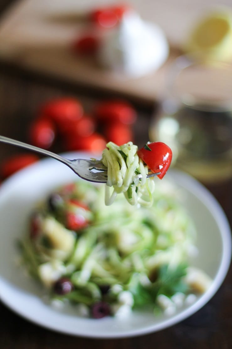 Mediterranean Zoodles - a quick and easy dinner that can be whipped up in 30 minutes | TheRoastedRoot.net #healthy #glutenfree #recipe