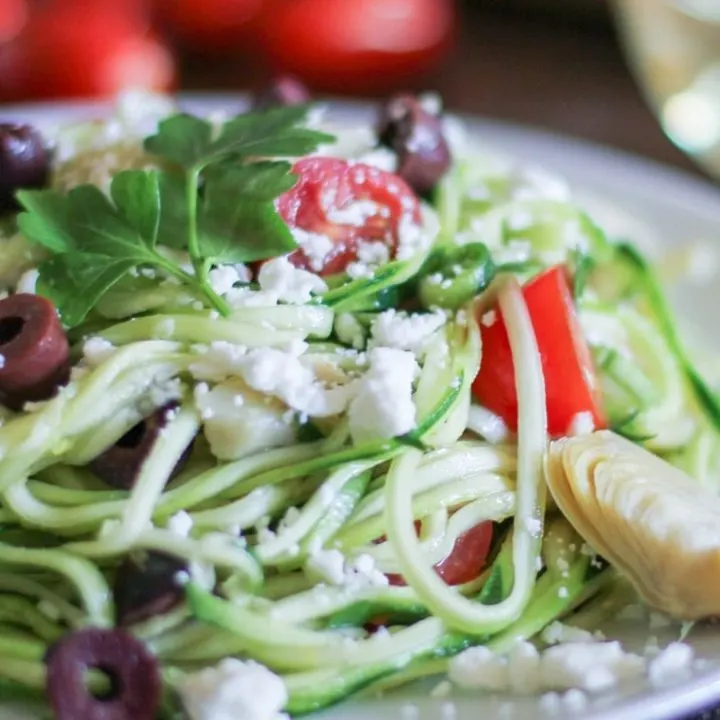 Mediterranean Zoodles - a quick and easy dinner that can be whipped up in 30 minutes | TheRoastedRoot.net #healthy #glutenfree #recipe