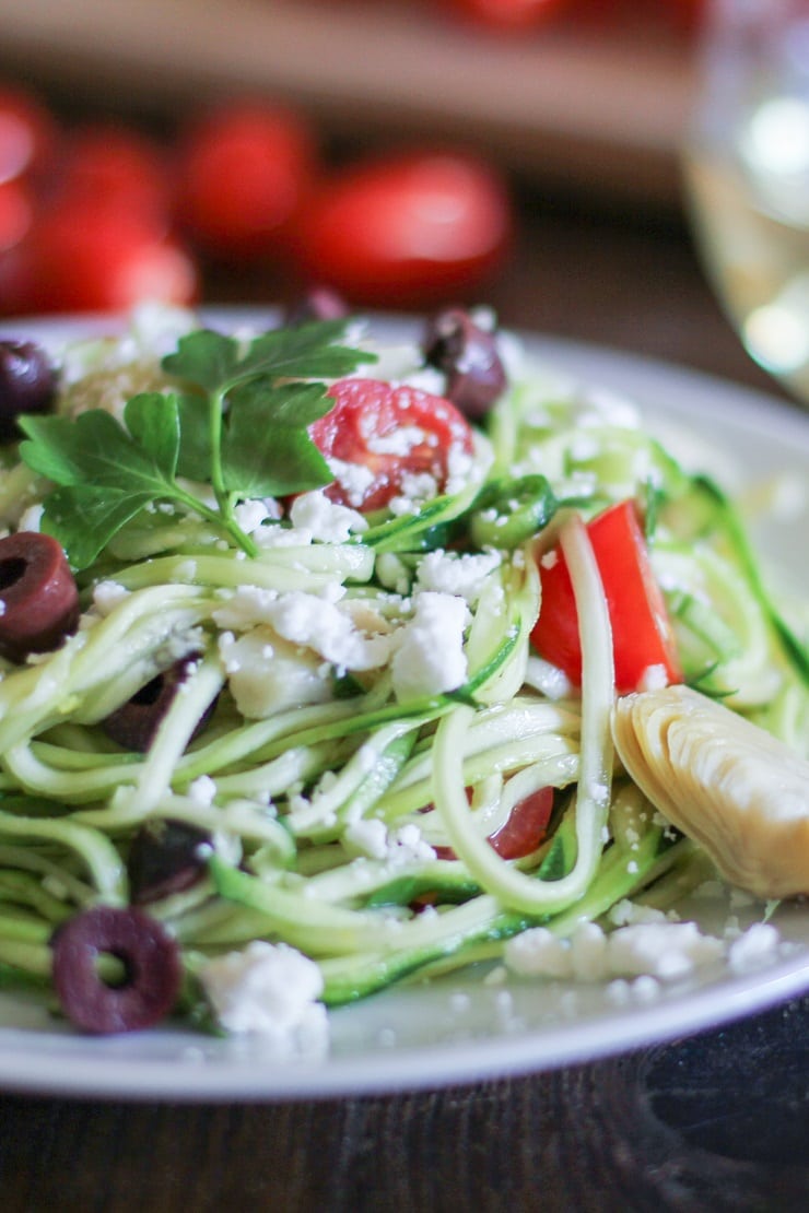 Mediterranean Zoodles - a quick and easy dinner that can be whipped up in 30 minutes | TheRoastedRoot.net #healthy #glutenfree #recipe