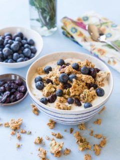 Grain-Free Paleo Granola made with nuts and seeds. This refined sugar-free recipe yields huge granola clusters and is super crunchy and delicious for breakfast