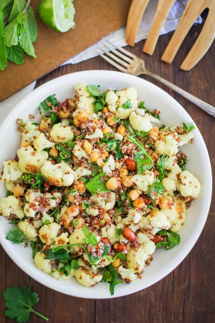 roasted cauliflower and chickpea quinoa salad with jalapeño-lime dressing