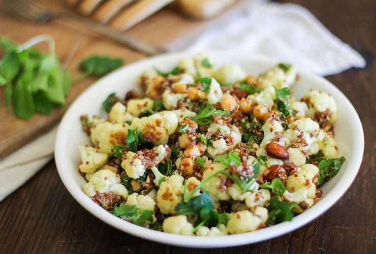 Roasted Cauliflower Quinoa Salad with Chickpeas and lime vinaigrette