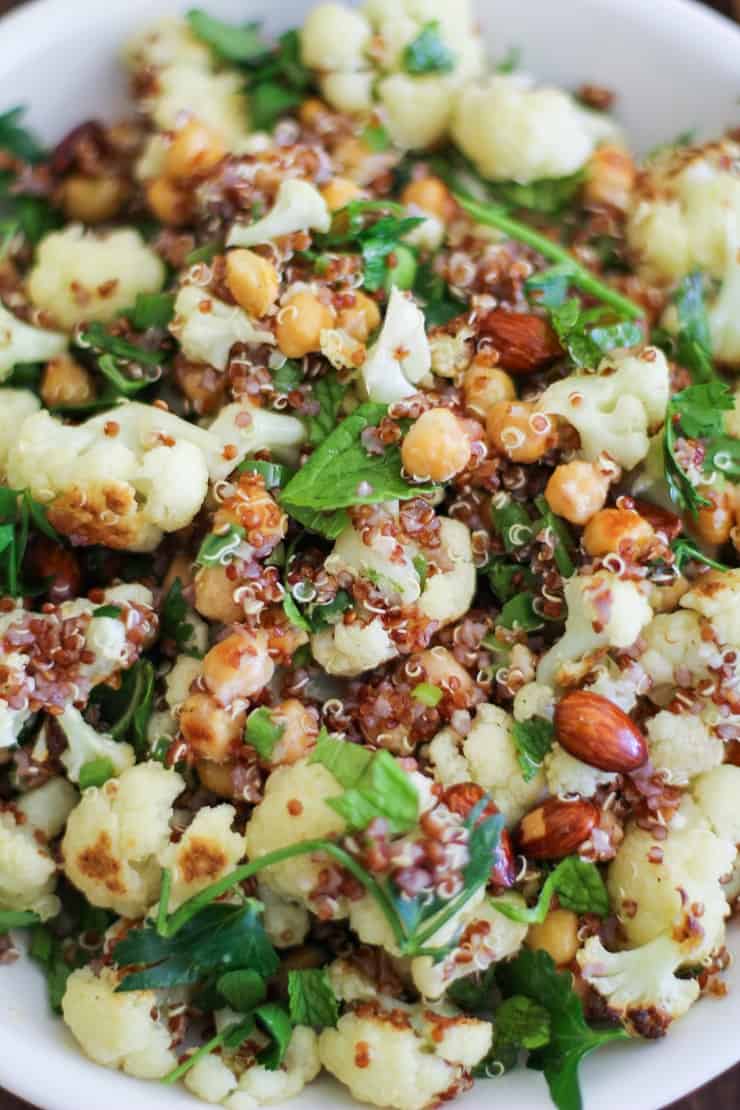 Roasted Cauliflower Quinoa Salad with Chickpeas and lime vinaigrette