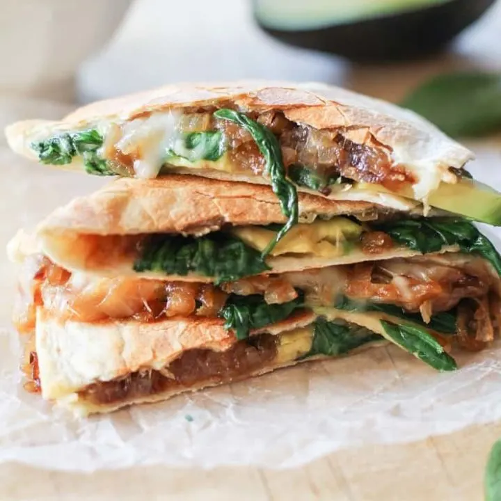 Caramelized Onion, Spinach, and Avocado Quesadilla #vegetarian #healthy #recipe