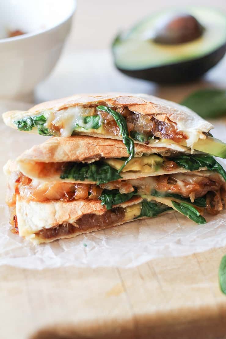 Caramelized Onion, Spinach, and Avocado Quesadilla #vegetarian #healthy #recipe