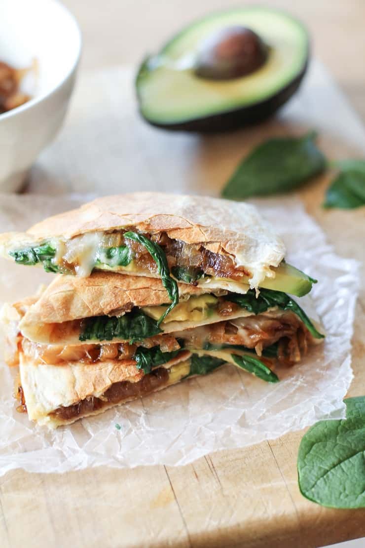 Caramelized Onion, Spinach, and Avocado Quesadilla #vegetarian #healthy #recipe