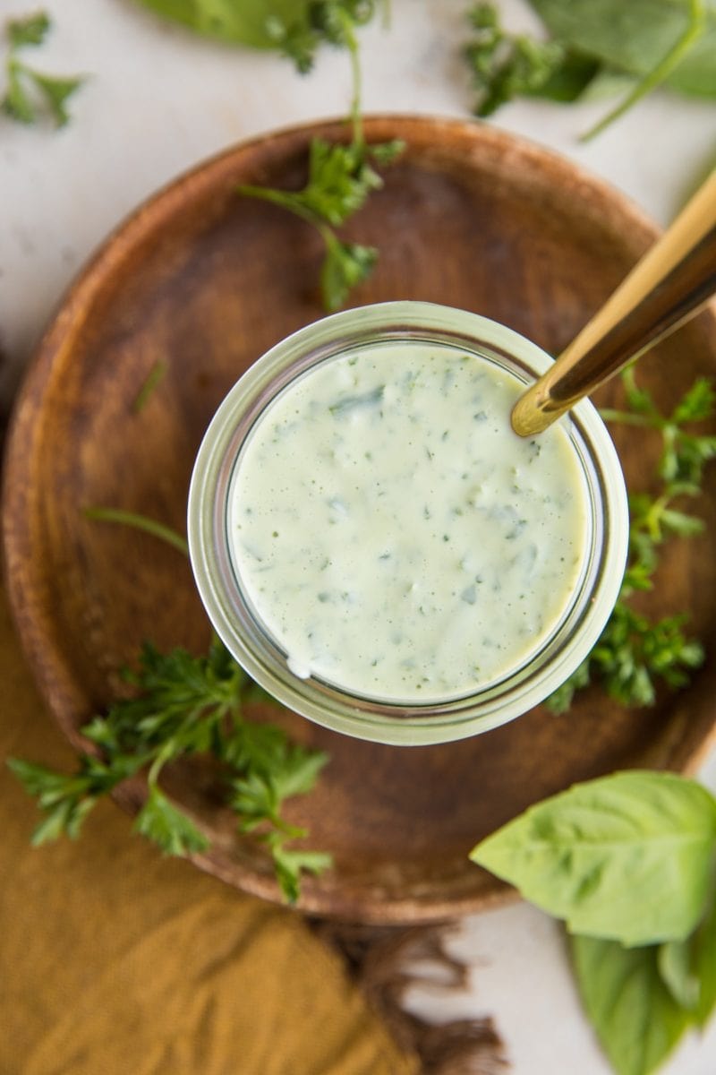 top down photo of jar of goddess dressing