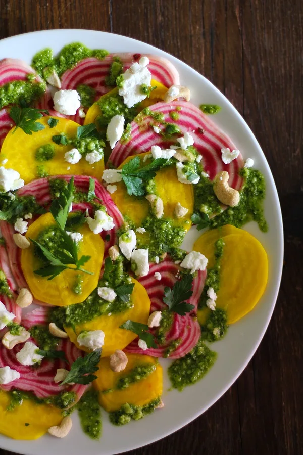 Sliced Chioggia Beet Salad with Parsley Pesto and Goat Cheese