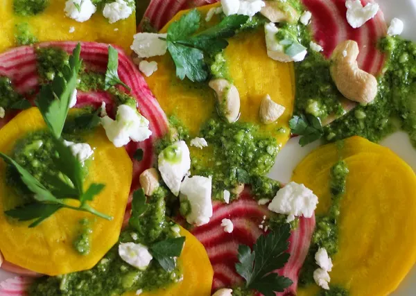Sliced Chioggia Beet Salad with Parsley Pesto and Goat Cheese