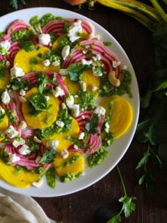 Sliced Chioggia Beet Salad with Parsley Pesto and Goat Cheese