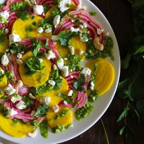 Sliced Chioggia Beet Salad with Parsley Pesto and Goat Cheese