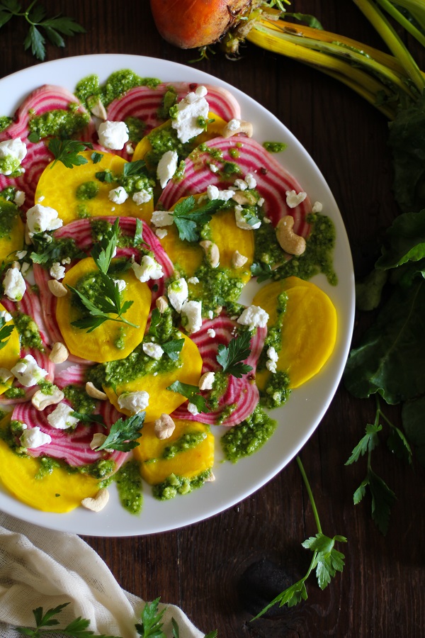 Sliced Chioggia Beet Salad with Parsley Pesto and Goat Cheese