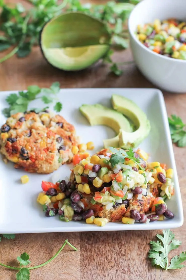 Southwest White Bean Veggie Burgers with black bean and corn salsa - a flavorful plant-based vegetarian dinner recipe!