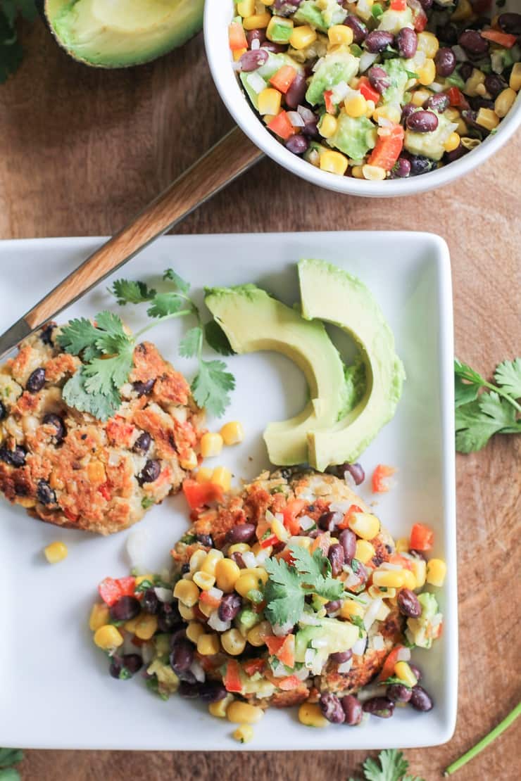 Southwest White Bean Veggie Burgers with black bean and corn salsa - a flavorful plant-based vegetarian dinner recipe!