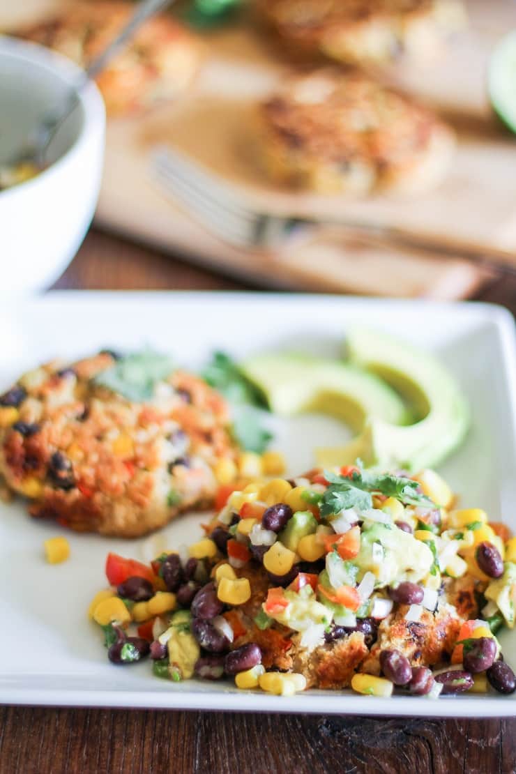 Southwest White Bean Veggie Burgers with black bean and corn salsa - a flavorful plant-based vegetarian dinner recipe!