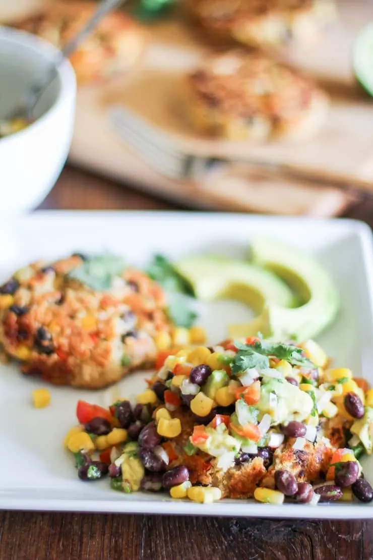 Southwest White Bean Veggie Burgers with black bean and corn salsa - a flavorful plant-based vegetarian dinner recipe!