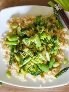 Spring Vegetable Stir Fry with Lemon-Ginger Sauce - this crisp, fresh meal takes less than 45 minutes to make and is healthy yet delicious