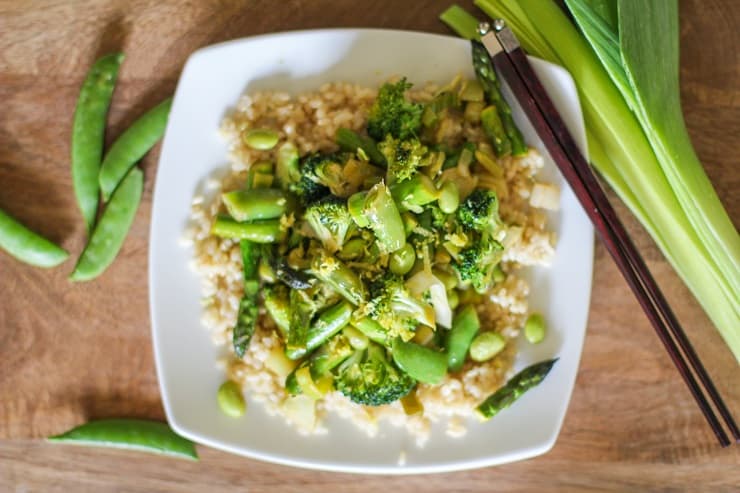 Spring Vegetable Stir Fry with Lemon-Ginger Sauce - this crisp, fresh meal takes less than 45 minutes to make and is healthy yet delicious