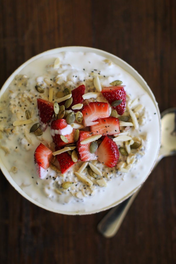 Overnight Oats with Chia Seeds, Strawberries, and Slivered Almonds