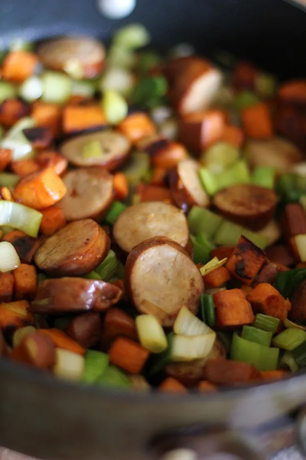 Sweet Potato and Leek Hash with Andouille Sausage