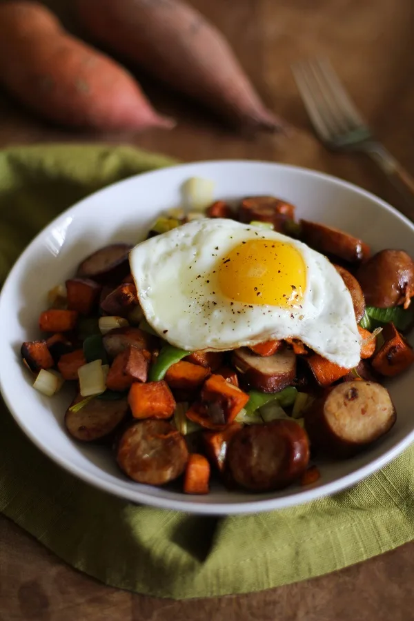 Sweet Potato and Leek Breakfast Hash with Andouille Sausage