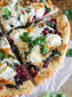 Beet Pesto Pizza with Kale and Goat Cheese - a healthier pizza recipe with gluten-free crust for a nutritious dinner